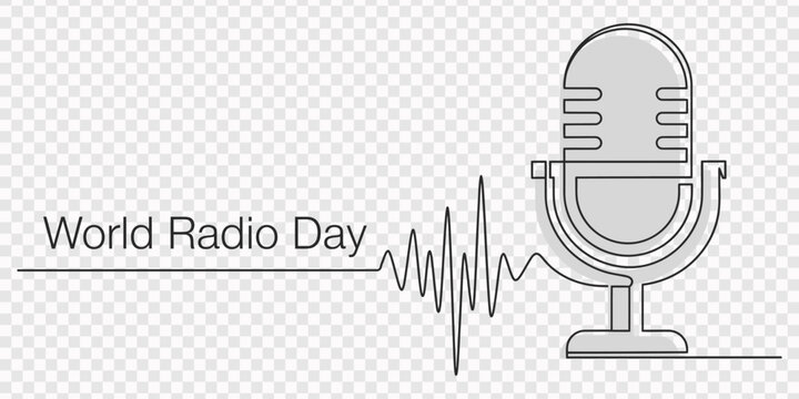 Continuous one line art world music day concept microphone, transparent background, One line drawing of microphone .Continuous line draw World radio day concept. Vintage mike in simple linear style on