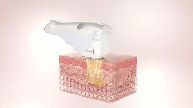 An advanced non invasive ultrasound device targets structural skin tissue to trigger instant tightening effects. 3D rendering.