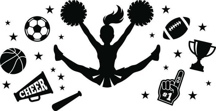 Cheerleading silhouette with sports equipment and motivational elements