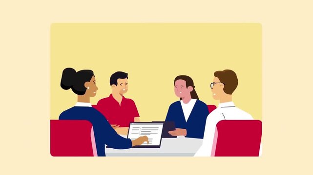 Business team meeting sitting around conference table discussing idea flat 2D animation vector character motion graphics startup brainstorming