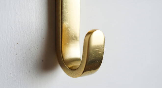 A close-up view of a shiny gold-colored metal hook hanging from a ceiling.