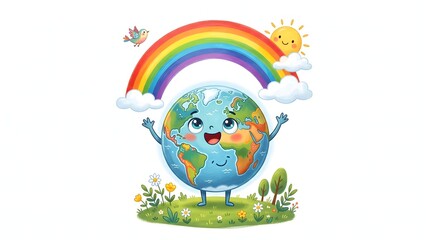 Fototapeta premium Cute planet Earth character discovering a rainbow in a colorful weather and nature illustration.