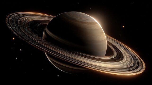 Stylized planetary model of Saturn with rings curving around, isolated background