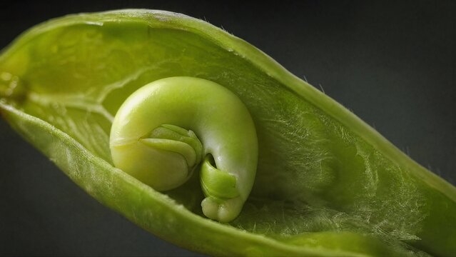 A split-open green pea pod revealing a pale green embryo against a dark background.
