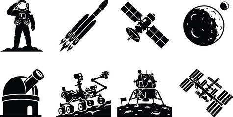 Space exploration and astronomy icons set with astronaut rocket satellite moon rover telescope and lunar lander © Joyanti