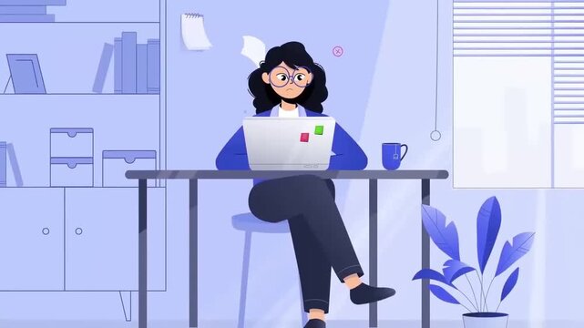 Creative designer woman working on laptop at modern office desk flat 2D animation vector character motion graphics casual workspace loop