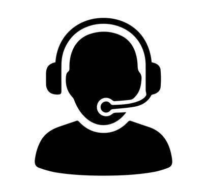 Customer support representative icon showing a person silhouette wearing a headset with a microphone for communication services, customer