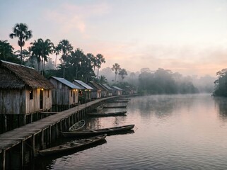 Obraz premium Misty Sunrise Over Tropical River Village