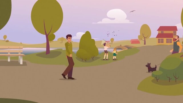 People walking with dogs in beautiful autumn park near village flat 2D animation vector character motion graphics public park landscape loop