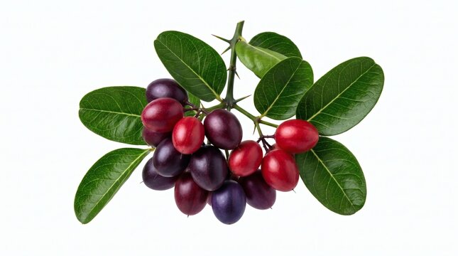 Fresh Carissa Carandas Berries with Green Leaves on White Background.