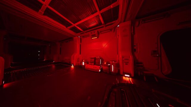 red cargo bay with emergency lights, empty metallic floor stacked containers open ramp exposed ceiling beams create tense futuristic atmosphere. moody low light