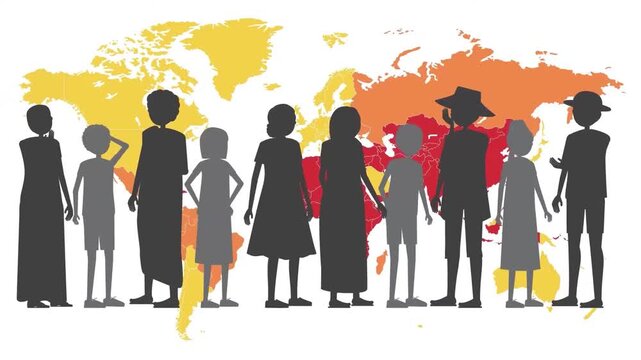 Diverse crowd of people standing against multi colored world map flat 2D animation vector character motion graphics global community concept