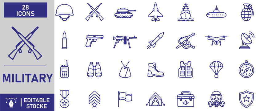 Vector set of 28 military line icons