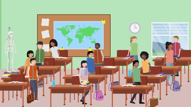 Diverse school kids studying inside elementary classroom with teacher flat 2D animation vector character motion graphics children education
