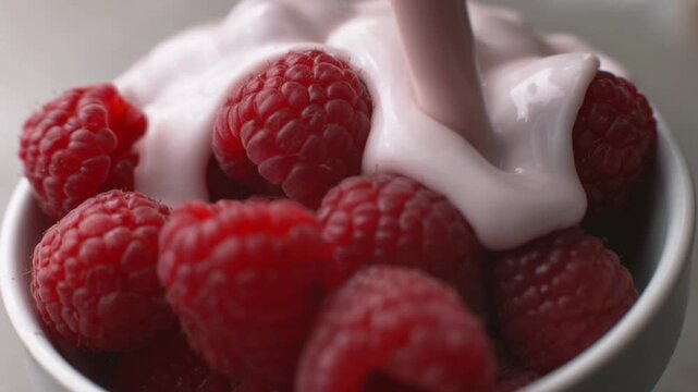 Fresh red raspberries with pouring pink yogurt, creamy fruit dessert in a white bowl, healthy organic berry breakfast macro shot