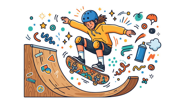 Skateboarder Girl Performing a Jump on a Mini Ramp Vector Art