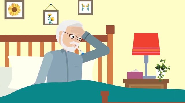 Senior man waking up in bed with severe headache or migraine flat 2D animation vector character motion graphics health problem symptom loop