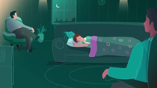 Person experiencing sleep apnea awake in bed while partner sleeps flat 2D animation vector character motion graphics snoring medical loop