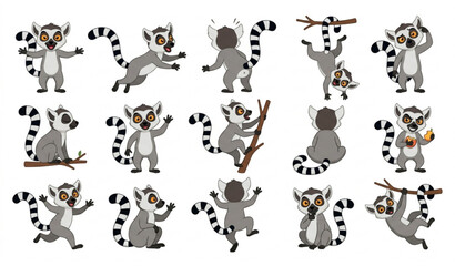 Cartoon Lemur Characters with Emotional Expressions and Multiple View Angles Vector Set © Suborno