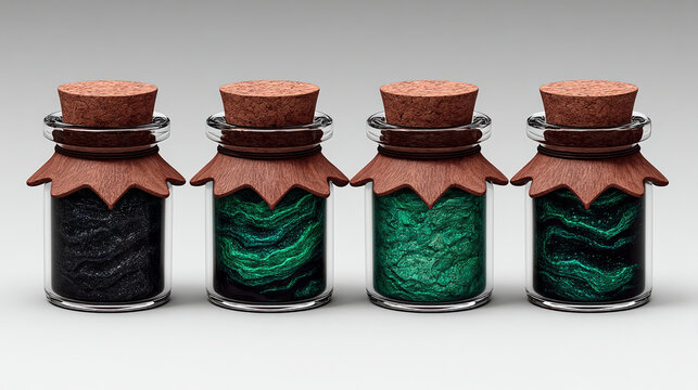 Four small antique apothecary bottles with glowing green liquid and cork stoppers