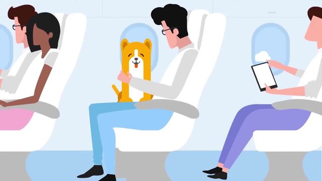 Passengers relaxing inside commercial airplane cabin during flight flat 2D animation vector character motion graphics aviation travel loop