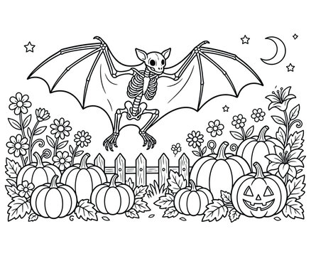 Halloween skeleton bat flying over pumpkins and flowers, coloring page for spooky season.