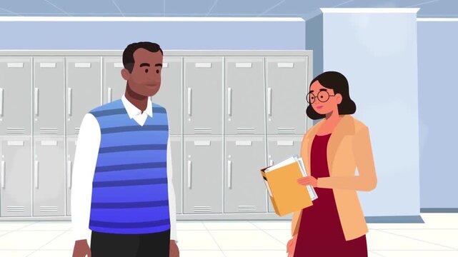 College students exchanging textbook notes by lockers in school hallway flat 2D animation vector character motion graphics education loop