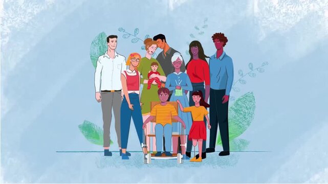 Portrait of big multiethnic family standing together on blue backdrop flat 2D animation vector character motion graphics generation community