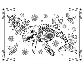 Christmas narwhal skeleton with decorated horn underwater line art. © ArifulIslam