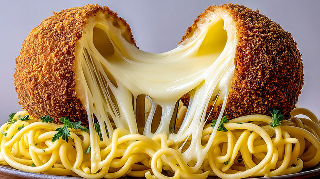 Fried mozzarella cheese ball pulled apart with melted cheese strings on pasta, appetizer