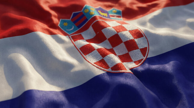 Red white and blue silk background with Croatian crest texture