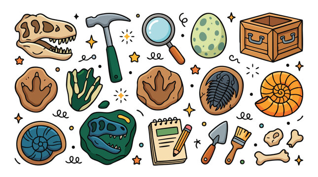 Archaeology and Paleontology Doodle Icon Set with Fossils and Tools