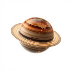 Fototapeta premium Planet with rings visible. Brown, beige tones dominate image. City lights suggest nighttime side. Rings glow softly.