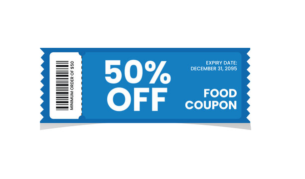 Blue food coupon offering fifty percent discount with barcode and expiry date