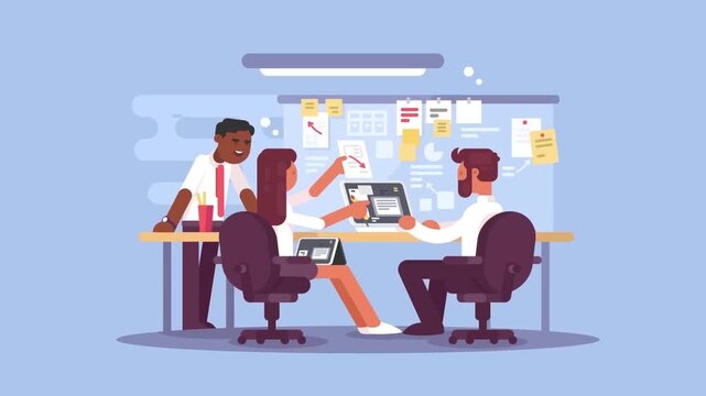 Corporate business team brainstorming around desk in modern office room flat 2D animation vector character motion graphics startup teamwork