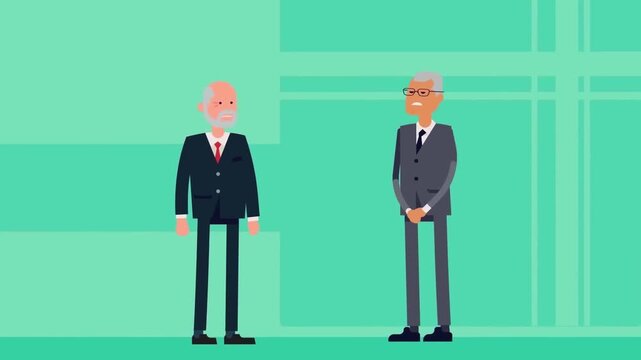 Two senior corporate executives shaking hands on abstract green background flat 2D animation vector character motion graphics deal loop