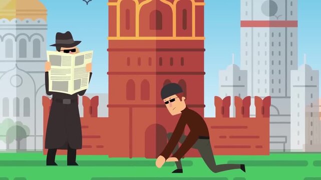 Undercover secret agent spy monitoring suspect with newspaper on street flat 2D animation vector character motion graphics crime detective