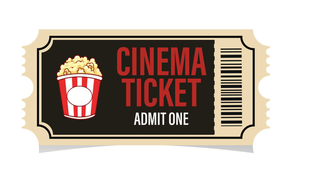 Vintage cinema ticket with popcorn bucket illustration for admittance