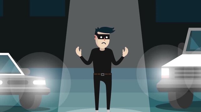 Criminal thief caught under police spotlight beam near getaway car flat 2D animation vector character motion graphics law enforcement loop