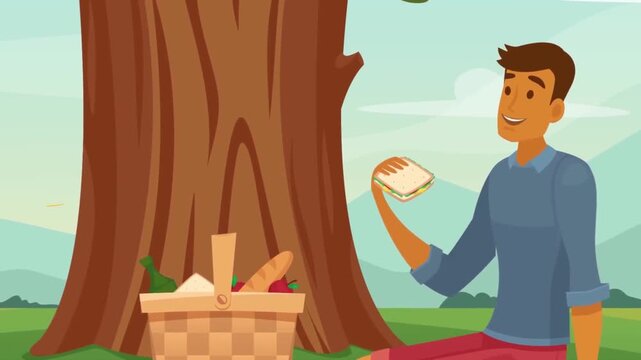 Happy young man enjoying healthy picnic lunch alone under large tree flat 2D animation vector character motion graphics outdoor leisure loop