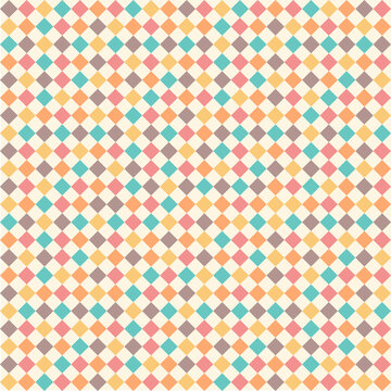 Features a colorful, seamless geometric pattern background composed diamond shapes. The retro-inspired palette.