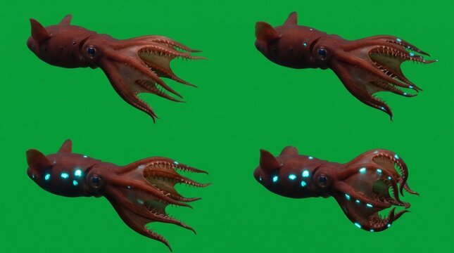 Vampire Squid Swimming in Deep Ocean with Bioluminescent Glow Against Green Background