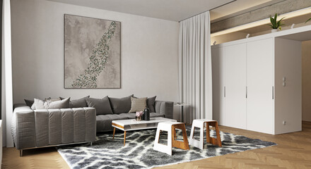 Fototapeta premium 3D render of a modern living room interior. Contemporary apartment design featuring a grey tufted sofa, marble coffee table, and abstract wall art