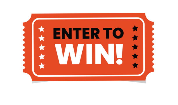 Red movie ticket with enter to win text and stars for a promotional contest