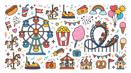 Fototapeta premium Amusement Park and Carnival Elements Doodle Vector Illustration Set