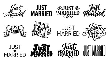 Obraz premium A collection of illustrations featuring various Just Married stickers on white background