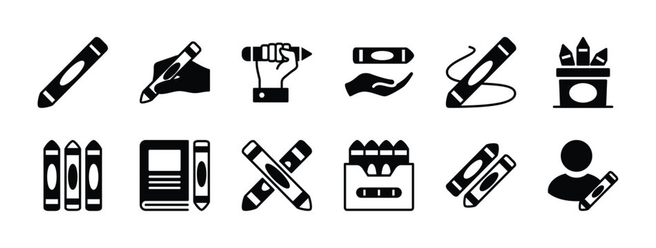 Crayons pen icon vector set. Contains painting, drawing tools, stationery, art, canvas, picture book, artwork for study, education, school, creative projects - illustration