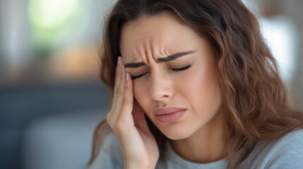 Fototapeta premium Migraine Torment: A young woman clutches her head in distress, her eyes squeezed shut against the throbbing pain of a severe migraine.