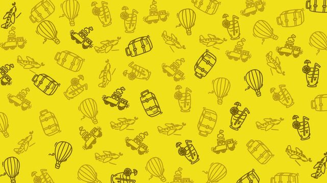 Summer doodle pattern featuring yellow airplanes, trains, hot air balloons, and cocktails.