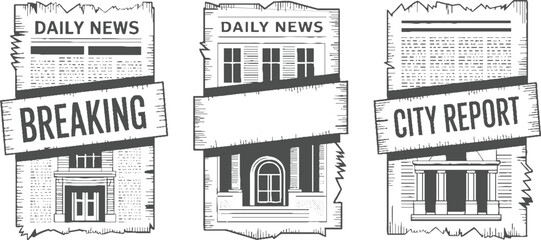 Naklejka premium Three newspaper headlines with architectural and text labels breaking city report daily news